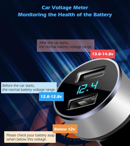 2 USB Car Charger,12V/24V Voltage Meter, Silver