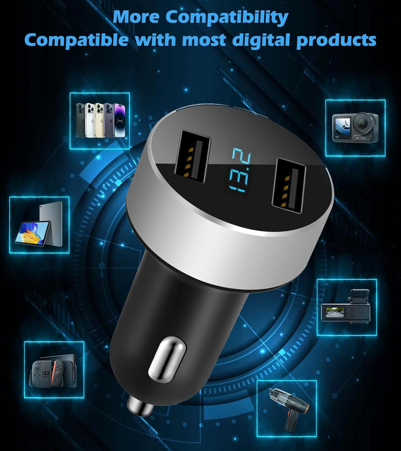 2 USB Car Charger,12V/24V Voltage Meter, Silver
