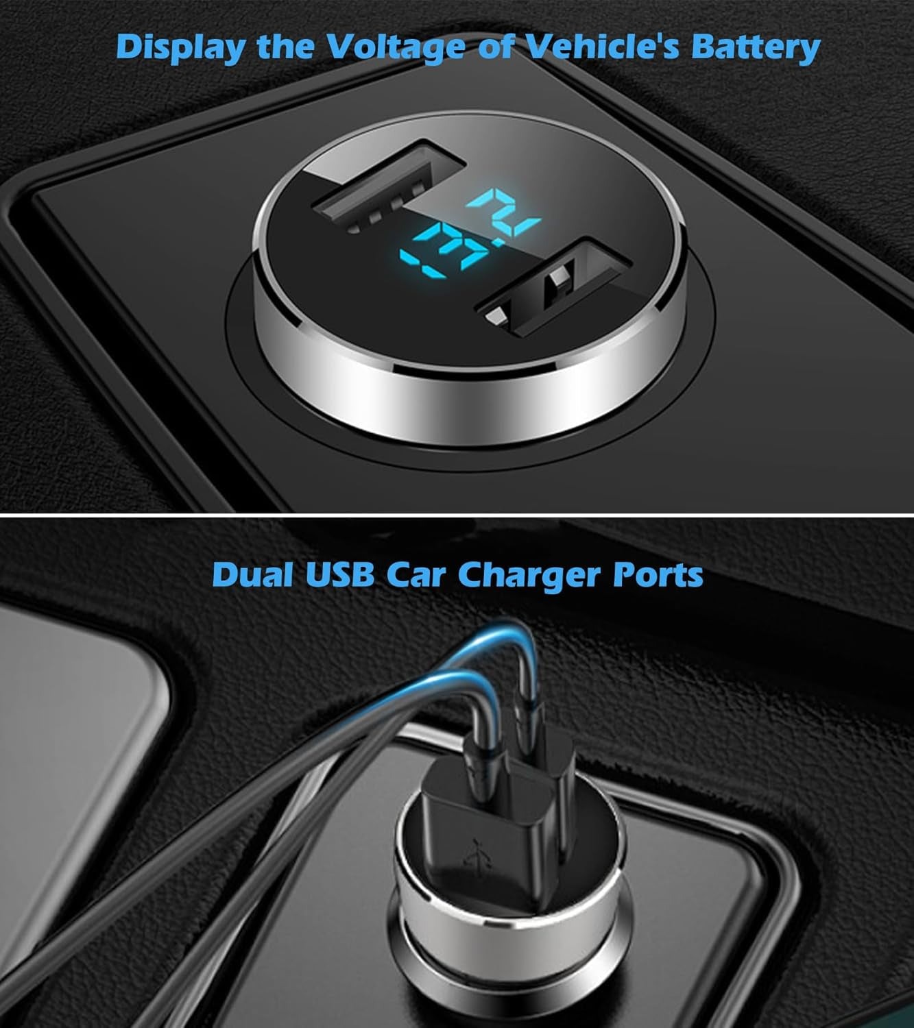 2 USB Car Charger,12V/24V Voltage Meter, Silver