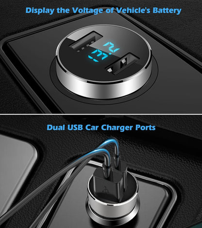2 USB Car Charger,12V/24V Voltage Meter, Silver